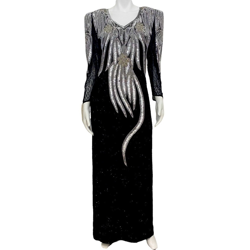 Beautiful  Sequin and Beaded Dress 100% Pure Silk Handmade Black & Silver Sz M